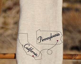 Embroidered State to State Hand Towel, Moving Away Gift, 100% Linen Tea Towel, Long Distance Relationship, Country to Country Move