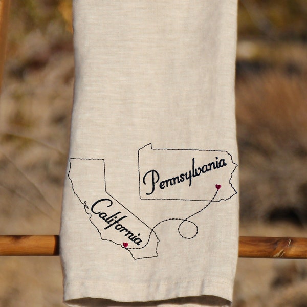 Embroidered State to State Hand Towel, Moving Away Gift, 100% Linen Tea Towel, Long Distance Relationship, Country to Country Move