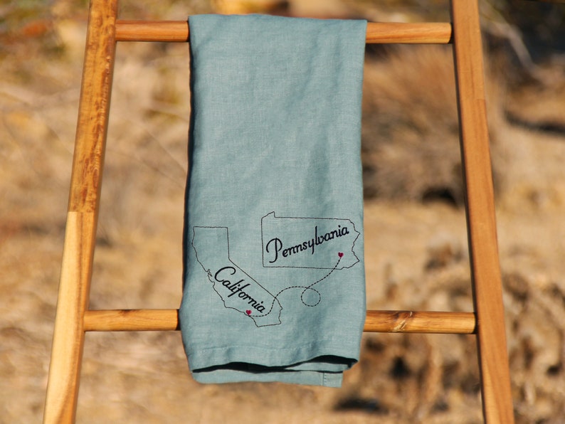 Embroidered State to State Hand Towel, Moving Away Gift, 100% Linen Tea Towel, Long Distance Relationship, Country to Country Move image 3