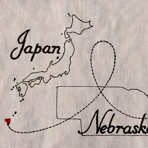 Embroidered State to State Hand Towel, Moving Away Gift, 100% Linen Tea Towel, Long Distance Relationship, Country to Country Move image 2