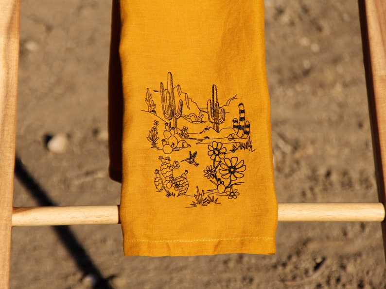 Embroidered Desert Scene Hand Towel, Linen Tea Towel image 1