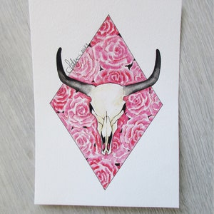 Originele aquarel schilderijen - Koeienschedel en bloemen