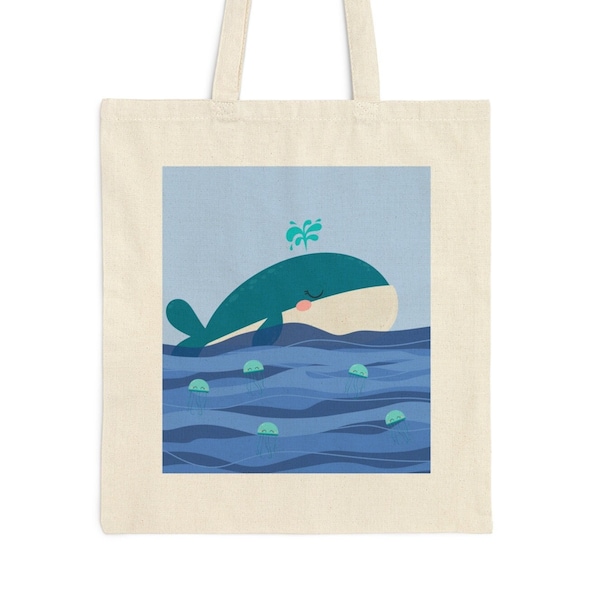 Children's Library Bag, Kids Cotton Canvas Tote Bag, Whale and Jellyfish Tote Bag, Market Shopping Bag, Kindergarten or PreSchool Tote Bag