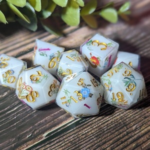 Porcelain Wildflowers Handmade Dice Set Tabletop Roleplaying Games Dungeons and Dragons D&D Resin Flowers White Gold Nature Druid D20