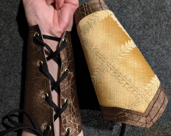 Adamar Bracers Faux Leather Handmade Larp Cosplay Renaissance Faire Festival Accessories Gender Neutral Gold Warrior Druid Ranger Vegan