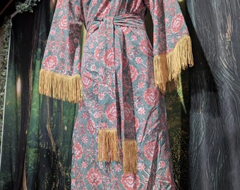 Handmade Cotton Robe Housecoat Renaissance Faire Festival Women's Printed Floral Gold Foliage Adjustable Flowers 100% block print fabric