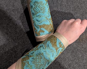 Fleur Bracers Faux Leather Handmade Larp Cosplay Renaissance Faire Festival Accessories Gender Neutral Teal Floral Gold Druid Ranger Vegan