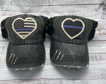Police hat, police heart, LEO, trucker hat, patch hat, wife, police, thin blue line hat, first responder, cop, back the blue, blue line hat