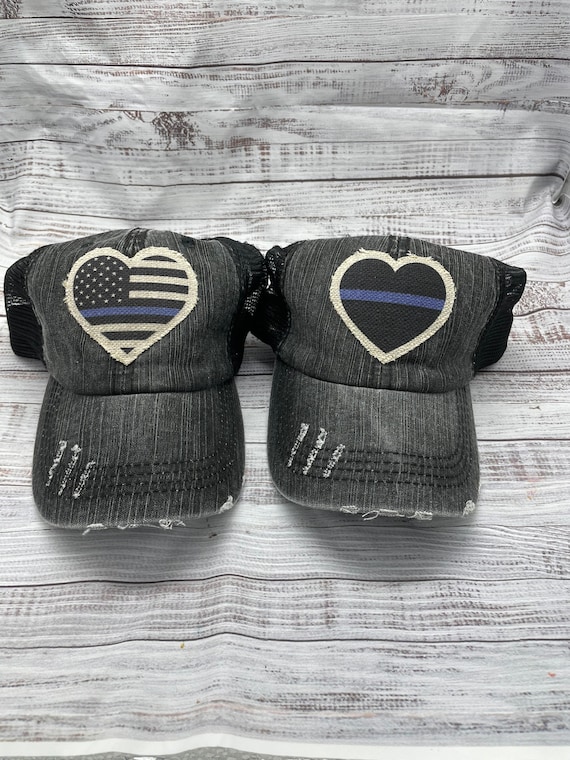 Police hat, police heart, LEO, trucker hat, patch hat, wife, police, thin blue line hat, first responder, cop, back the blue, blue line hat