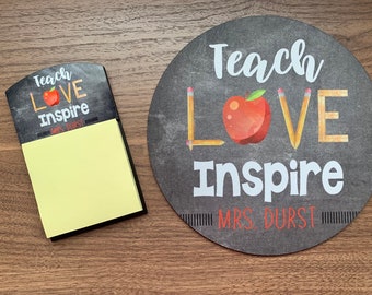Teacher Mouse pad, Teacher Post it Holder, Teacher Coaster, Personalized Teacher Gift Set, Teach Love Inspire