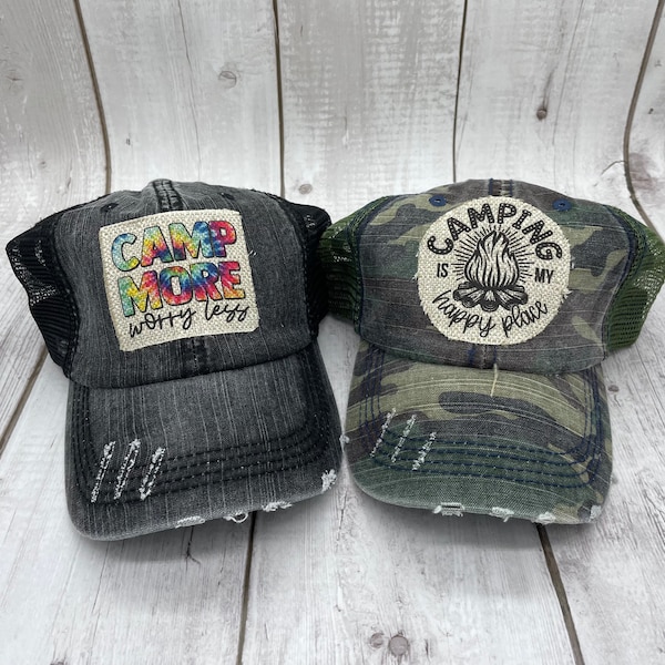 Camping hat, camp season, patch hat, happy camper, ponytail hat, patch hat, Camp more, summertime, camp life, camping, trucker hat