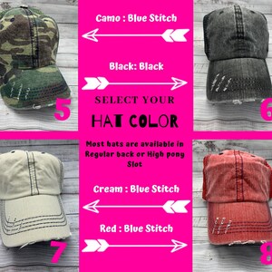 May include: A selection of five distressed baseball caps in different colors, including camo, black, cream, and red. The caps have a blue stitch detail and are available in regular or high pony slot.