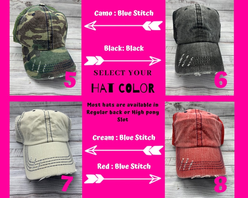 May include: A selection of five distressed baseball caps in different colors, including camo, black, cream, and red. The caps have a blue stitch detail and are available in regular or high pony slot.