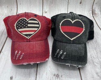 Firefighter hat, fire dept, red line, trucker hat, patch hat, fire wife, firefighters, thin red line hat, first responder, hero