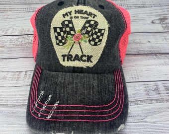 Racing hat, mom gear, ponytail hat, patch hat, racing, dirt racing, checkered flag, my heart is on the track, race mom, race wife, motocross