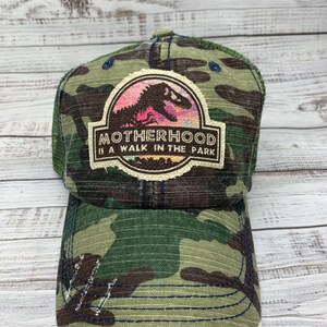 Dinosaur Hat, Jurassic Park, motherhood is a walk in the park, mom gear, patch hat, mom hat, boy mama, mom of boys, motherhood