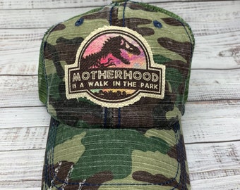 Dinosaur Hat, Jurassic Park, motherhood is a walk in the park, mom gear, patch hat, mom hat, boy mama, mom of boys, motherhood