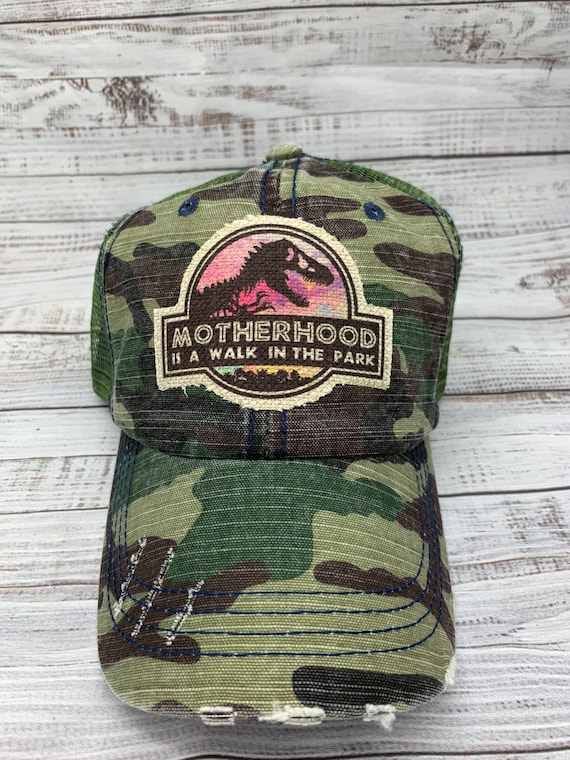 Dinosaur Hat, Jurassic Park, motherhood is a walk in the park, mom gear, patch hat, mom hat, boy mama, mom of boys, motherhood