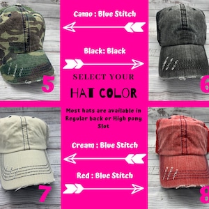 May include: A selection of five distressed baseball caps in different colors, including camo, black, cream, and red. The caps have a blue stitch detail and are available in regular or high pony slot.