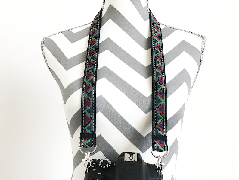 Purple Green Black Red Camera Strap In Dark Tribal print