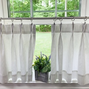 Pleated ticking striped Cafe Curtain , Tier Curtains, Kitchen Curtains, Bathroom Curtains , Window Treatments, Farmhouse
