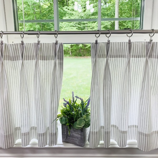 Pleated ticking striped Cafe Curtain , Tier Curtains, Kitchen Curtains, Bathroom Curtains , Window Treatments, Farmhouse