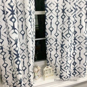 Tribal Cafe curtains. Indigo Vintage Blue Ecru valance. valance. Bathroom Curtain Valance. Window Valance. One Valance. 1 pair Cafe Curtains
