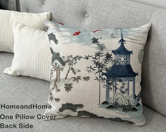 Asian toile pillow cover. ONE pillow Cover 16x 16 14x 14 Both sides Invisible Zipper Lantern Pillow Cover Polyester Pagoda Pillow Cover