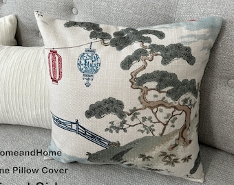 Asian toile pillow cover. ONE pillow Cover 16x 16 14x 14 Both sides Invisible Zipper Lantern Pillow Cover Polyester Pagoda Pillow Cover