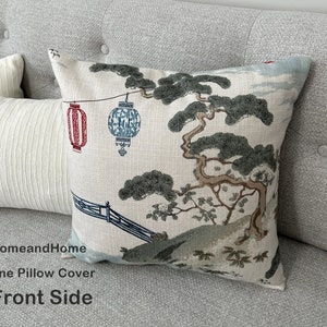 Asian toile pillow cover. ONE pillow Cover 16x 16 14x 14 Both sides Invisible Zipper Lantern Pillow Cover Polyester Pagoda Pillow Cover