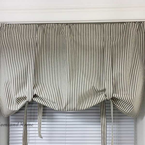 Farmhouse Tie Up Curtain ticking stripe Black Natural Red Blue Gray Stripe Valance Farmhouse valance Tie Up Stripe Ticking stripe Valance.