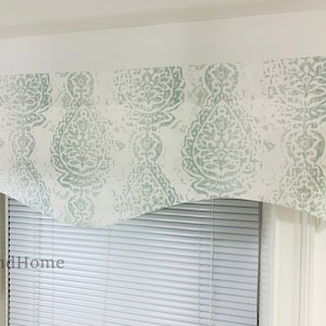 Scalloped Valance damask Floral  Lined valances decorative valance. Snowy blue Gray blue Taupe White Ecru Custom valance. Kitchen Valanc