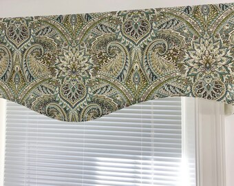 44x 16 Scalloped Valance. Waverly Valance. green blue ivory tan grey. lined window valance. Window Treatments. Kitchen Valance