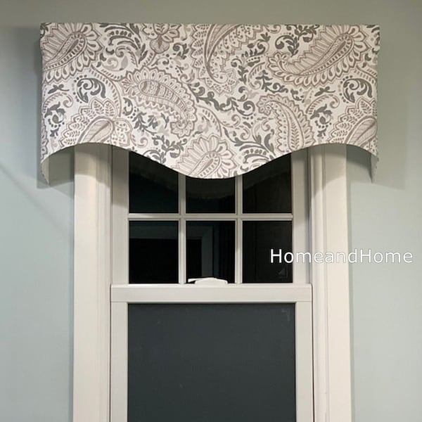 Custom Paisley Scalloped Valance  Lined Cotton window,  Ecru taupe Gray Farmhouse decor