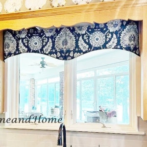 One Scalloped Valance Damask Valance Waverly Valance Dark Denim Blue Stone Gray lined window valance Window Bathroom Valance Kitchen Valance