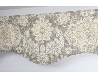 Scalloped Valance. Gray Valance. Grey Beige Cream lined window valance. Designer Valance. decorative valance. Kitchen Valance
