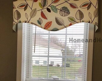 Colorful Scalloped Valance Leaf Valance window valances Farmhouse valance orange aqua brown ivory Kitchen Valance lined valance.