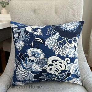 Decorative Pillow Cover One pillow cover Navy blue ivory Asian floral pillow cover Both side Invisible Zipper High end designer fabric