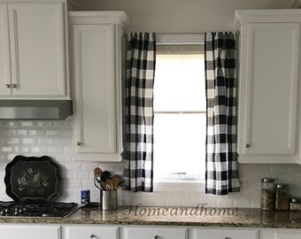 Buffalo Plaid Curtains. Farmhouse Valance. Plaid Cafe curtains. Black French Gray Light Blue White Window Valance Ecru custom valance