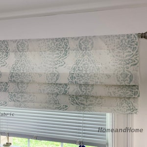 Faux Roman Shade. Flat Roman Shade Valance. Fake Roman Shade Valance. Fake Valance. Light Gray. Taupe valance. Snowy Blue valance.