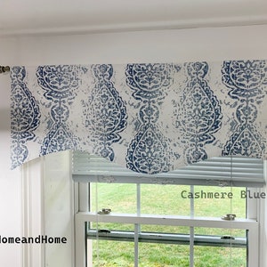 Scalloped Valance damask Floral  Lined valances decorative valance. Snowy blue Gray blue Taupe White Ecru Custom valance. Kitchen Valanc