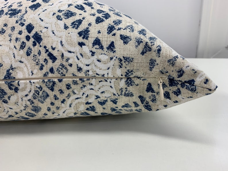 cream tan Waverly Pillow cover 18x 18 Zipper Closure white taupe and shades of blue.