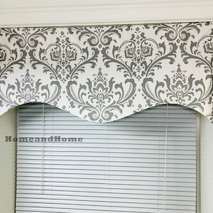 Scalloped Valance Lined valances Bathroom Damask Valance Black White Gray Valance Turquoise valance Kitchen Valance. Fully lined valance
