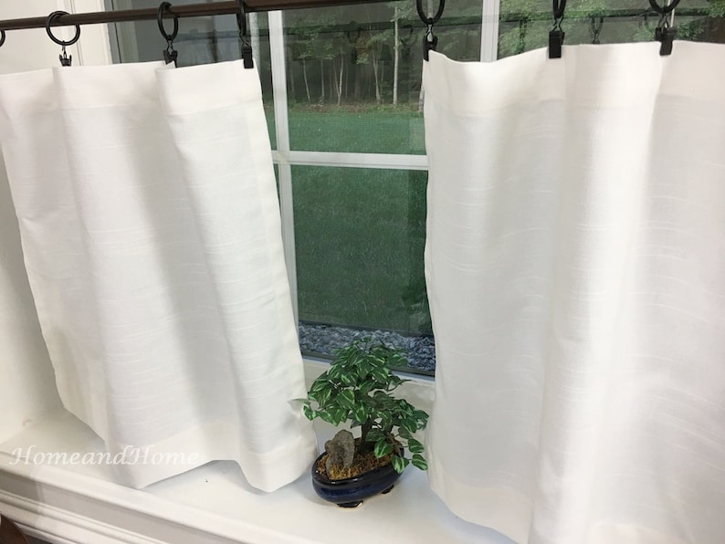 White Valance Cafe Curtains Slub Linen Look Tiers Kitchen Curtain Custom Window Treatments