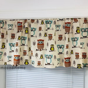 Owl Cafe curtains or Owl valance. Kids Curtain Valance. Window Valance natural, red, blue, brown