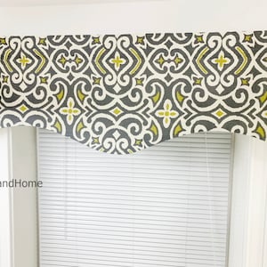 Scalloped Valance Robert Allen Dwell Studio New Damask Greystone grey golden yellow lined window valance Window Treatments  Kitchen Valance