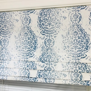 Faux Roman Shade. Flat Roman Shade Valance. Fake Roman Shade Valance. Fake Valance. Light Gray. Taupe valance. Snowy Blue valance.