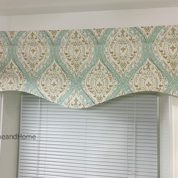 Scalloped Valance. Spa Blue Valance. Beige teal lined window valance. Designer Valance. decorative valance. Kitchen Valance. Valance