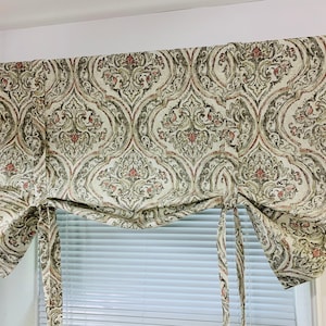 Medallion tie up Valance floral framed medallion shades brown rust Gray Kitchen Valance Tie Up Shade Valance farmhouse Tie up valance