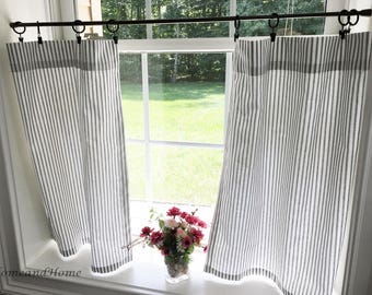Classic ticking Stripe Cafe curtains. black white stripe valance. Light Pink  grey ONE valance. 2 panels Curtains. Valance. Window Valance